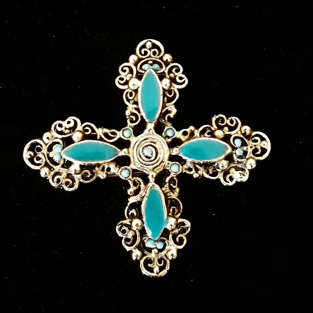 Vintage Filigree Cross with Enamel Accents Brooch or Pin - Picture 1 of 5